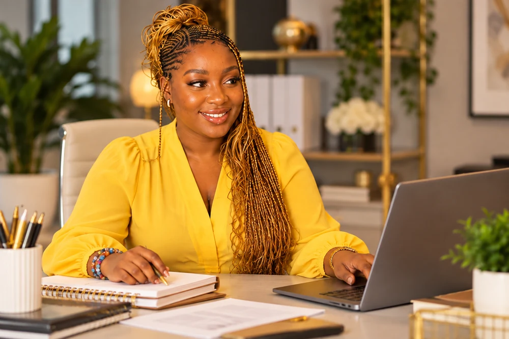 Digital and administrative support at a laptop with organized documents